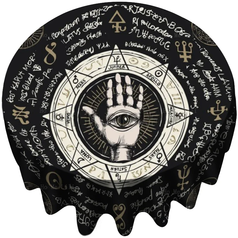 Open Hand With All Seeing Eye The Letter E In An Octagonal Star Zodiac And Moon Characters Magical Inscriptions Round Tablecloth