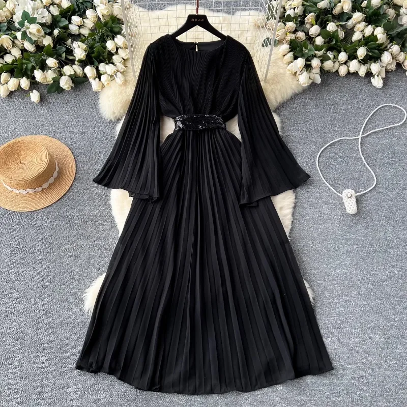 Sweet Long Flare Sleeve O Neck Sequined Slim Waist Dress French Elegant Vestidos Summer Sexy Slim Women Solid Color Dresses