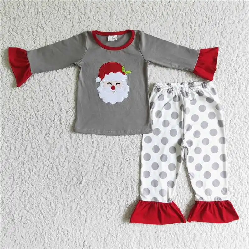 

2022 Christmas New Rts Grey Santa Claus Red Cuffs Print Long Sleeve Shirt Bell Red Dots Bottoms Pants Fashion High Quality Girls