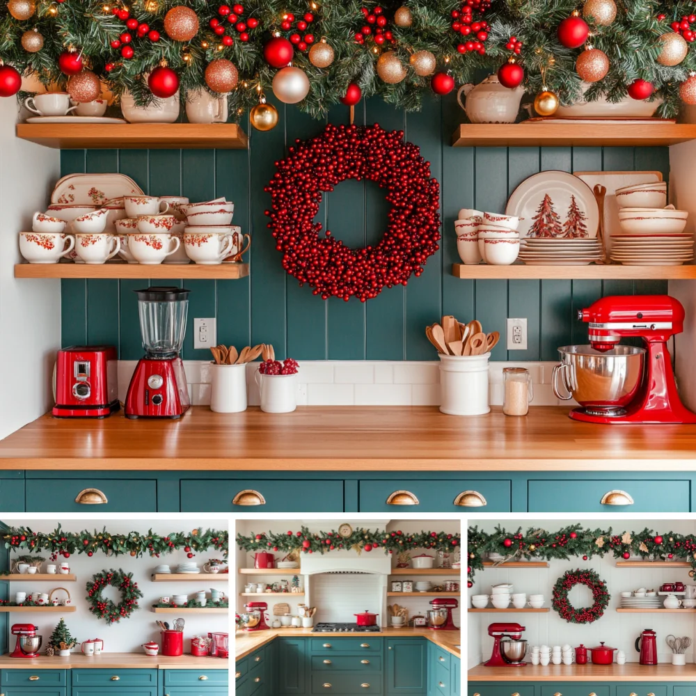 Cozy Xmas Kitchen Backdrop Green Wood Wall Red Berry Wreath Pine Bauble Kitchenware Holiday Food Portrait Photo Background