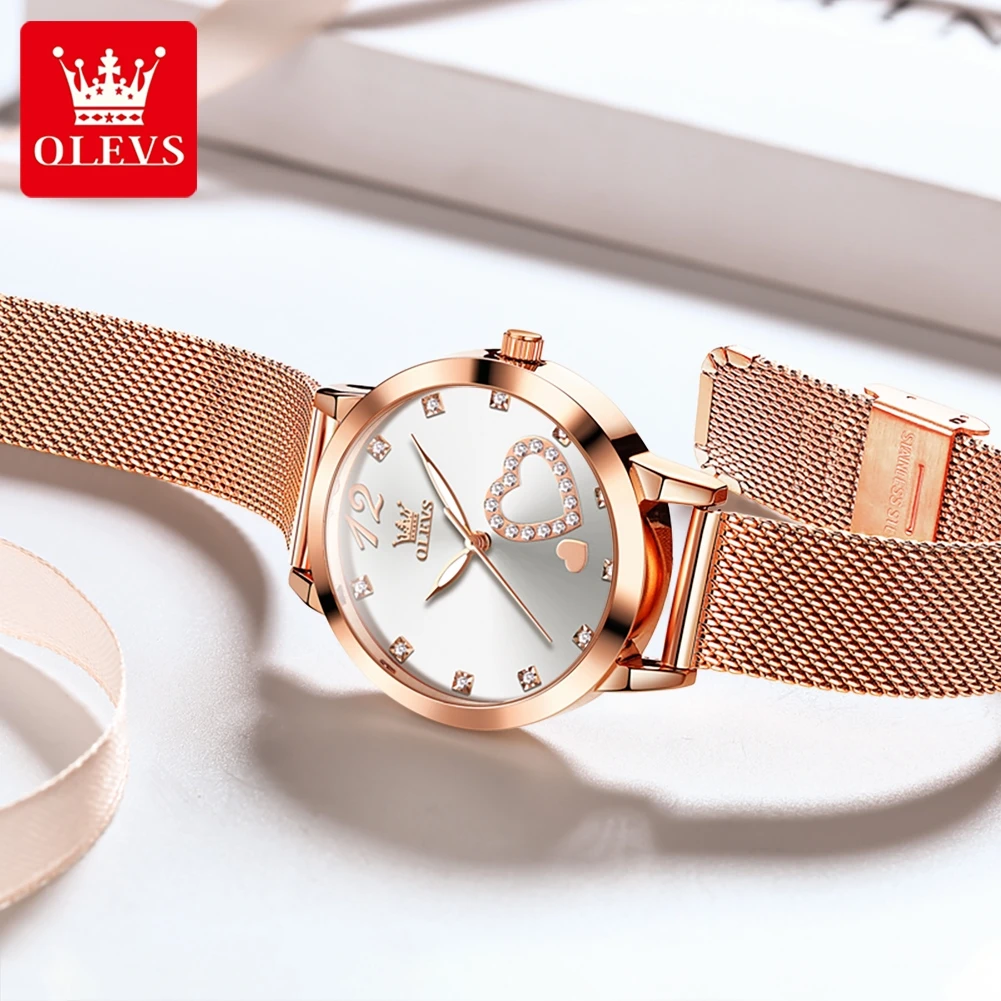 OLEVS 5189 Fashion Versatile Women's Watch Love Diamond Dial Clock Waterproof Quartz Wristwatch Mesh Belt Elegant Original Watch
