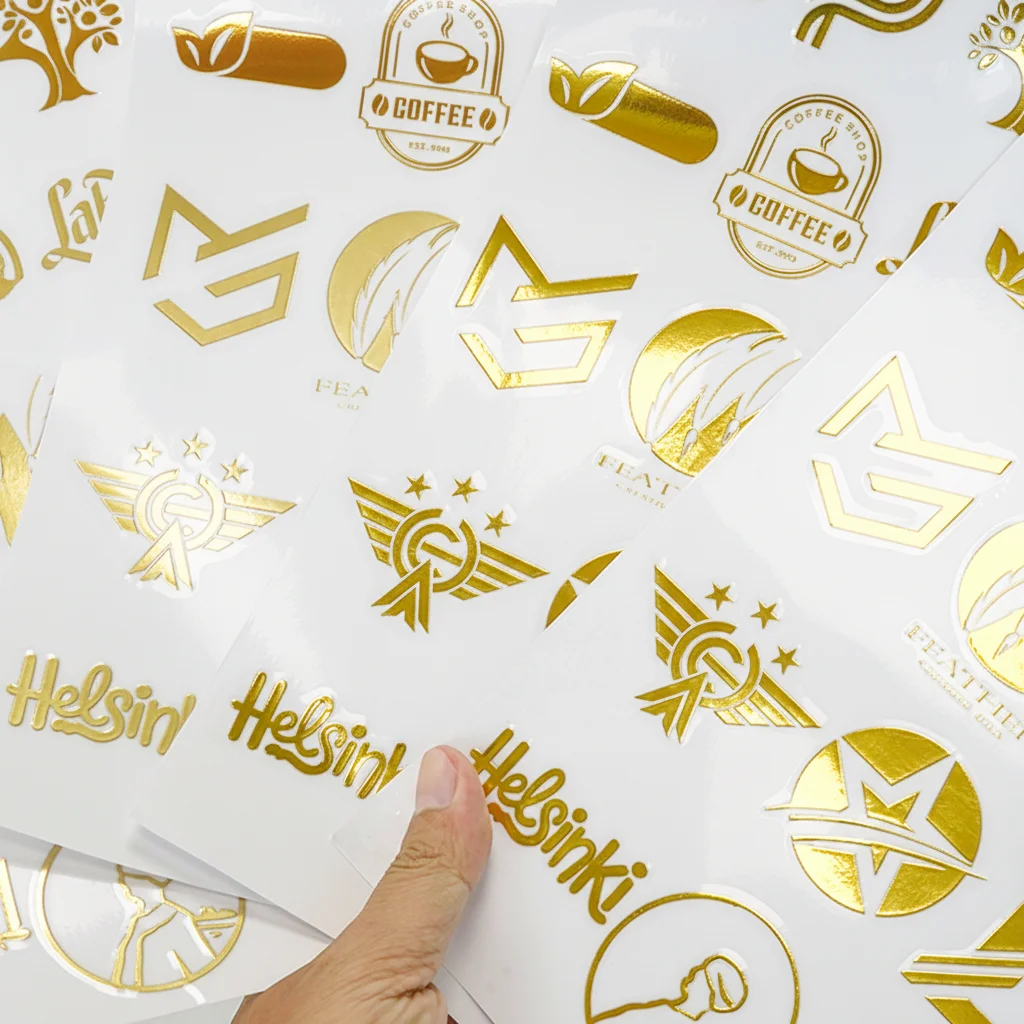 

50PCS Custom Logo Transfer Stickers Hot Pressed Gold Foil 3D Hot Pressed Foil Stickers Personalized Crystal Stickers