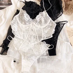 Untra thin lingerie set women push up bra garter set thin soft steel ring bra hollow lace lingerie briefs one piece bralette