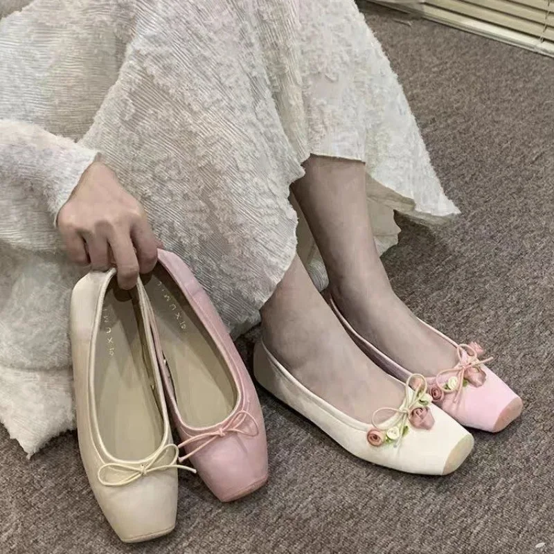 Sweet Satin Pink Square Toe Ballet Single Shallow Flat Rose Lace-Up Women's Shoes