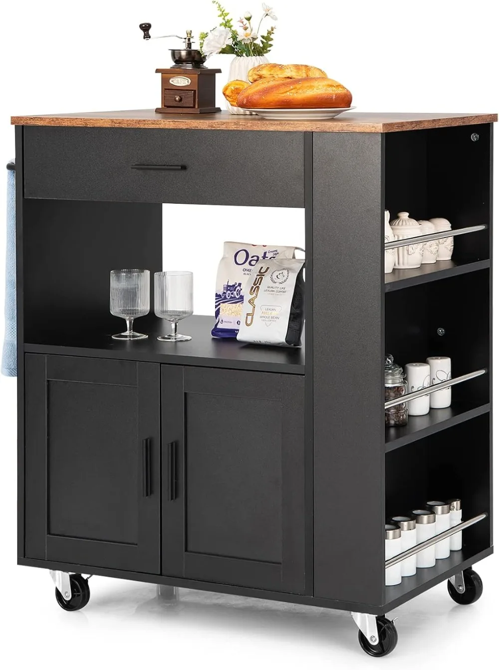 Kitchen Island on Wheels, Rolling Kitchen Trolley with 3 Spice Racks, Drawer, Open Shelf, 2-Door Cabinet, (Black)