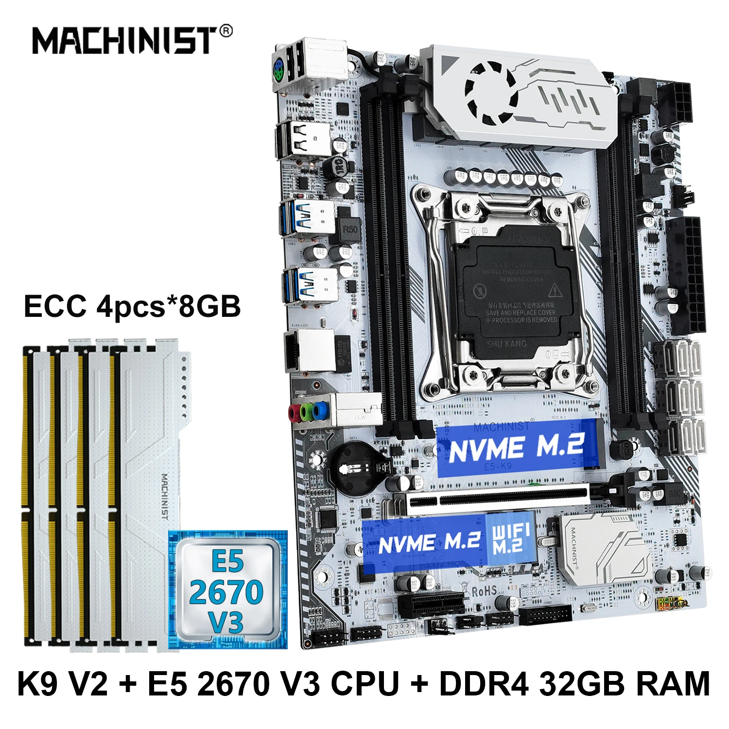 

MACHINIST X99 K9 V2 Motherboard Kit Set LGA 2011-3 xeon CPU E5 2670 V3 DDR4 4*8GB RAM Memory usb3.0 M.2 NVME SSD Four channel