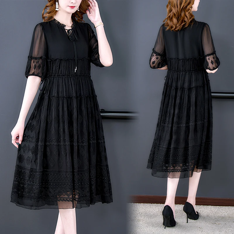 Summer Black Natural Silk Ruffled Collar Midi Dress Women Embroidery Hollow Out Sexy Dress 2024 Korean Vintage Hepburn Vestidos