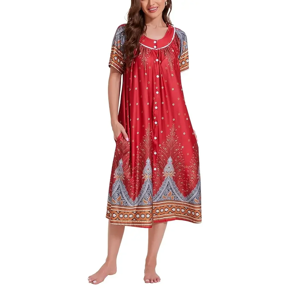 House Dress for Women Short Sleeve House Coat Mumu Duster Robe with Pockets