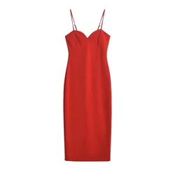Women Sexy Evening Women Clothes Thin Straps Back Zipper Slim Midi Red Dress Female Elegant Christmas Party Dresses