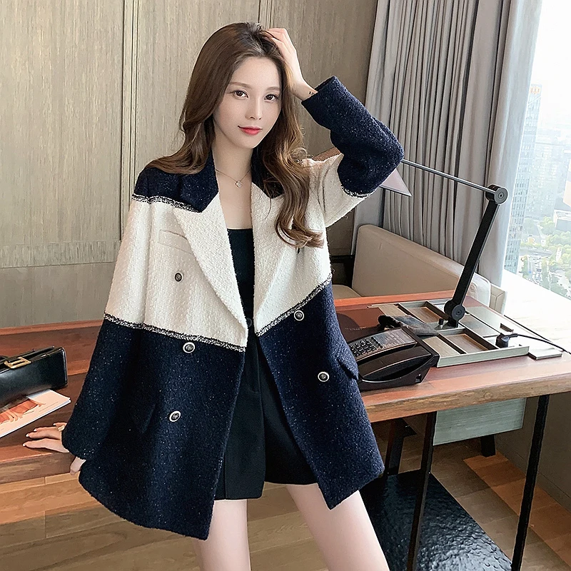 Niceautumn elegante preto branco retalhos tweed blazer das senhoras do vintage high street manga longa jaquetas femininas outerwear