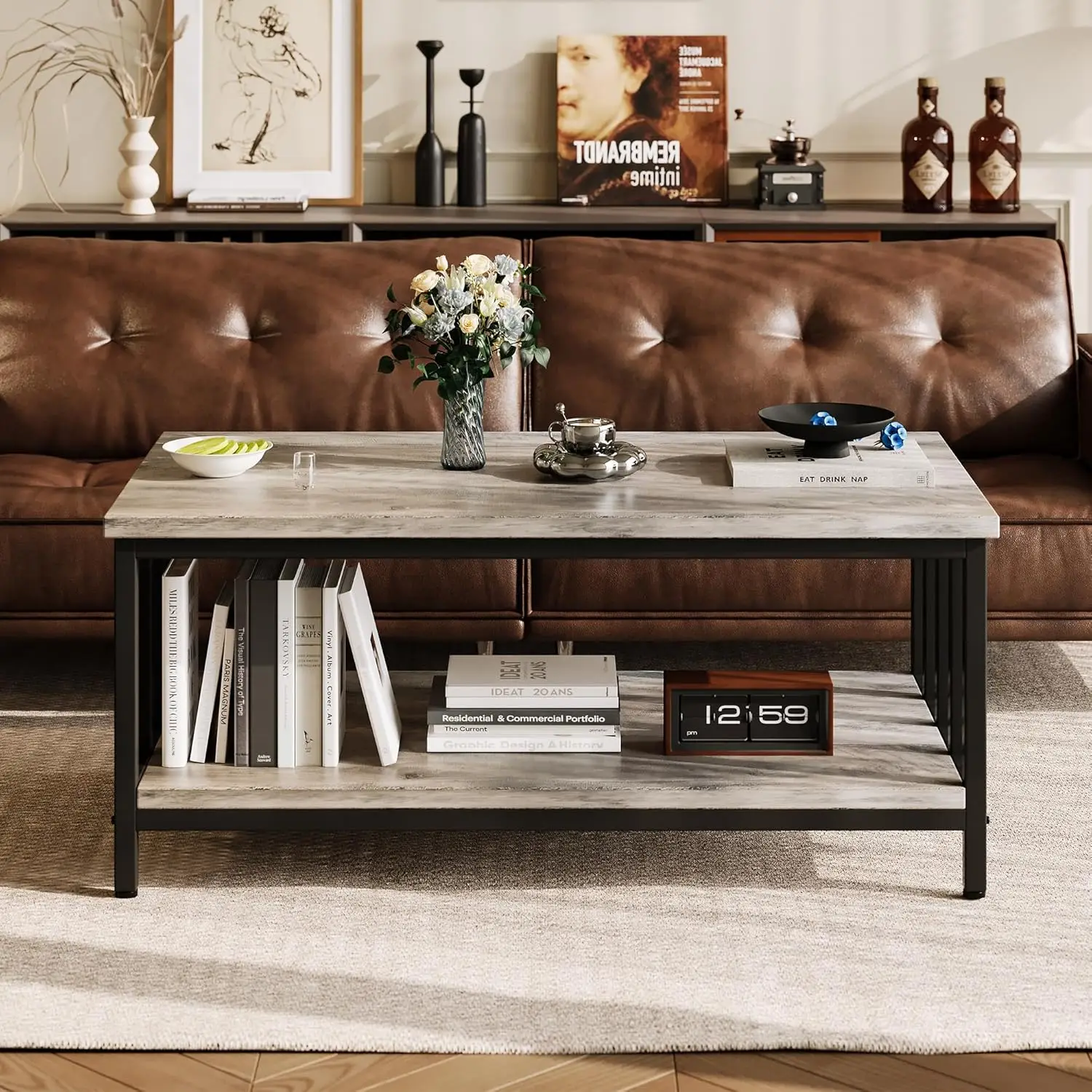 Coffee Table for Living Room with Slatted Sides Frame, Modern Farmhouse Living Room Table with 2-Tier Storage Shelf, Grey Wash