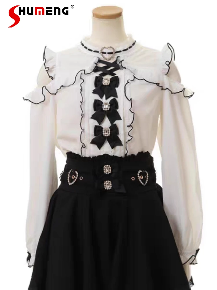 

Japanese Mine Style Lolita Girl Sweet Cute Lace Heart off-Shoulder Blouse Top Beaded Bowknot Ruffled Shirt Female Summer 2024