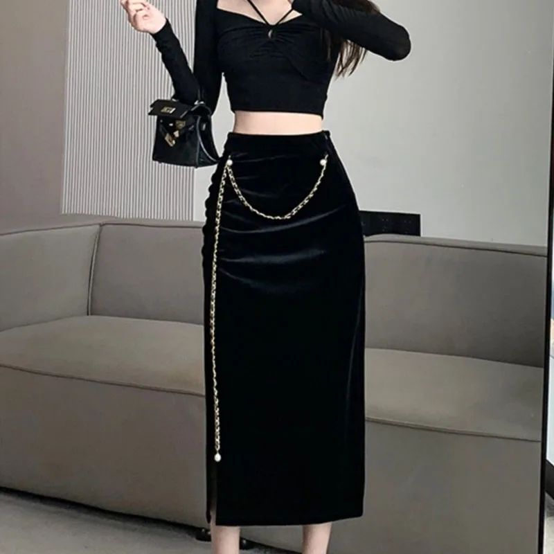 

New Autumn/Winter Fashion Luxury Gold Velvet High Waist Split Versatile Western Chain Mid Length Hip Wrap A-line Half Dress