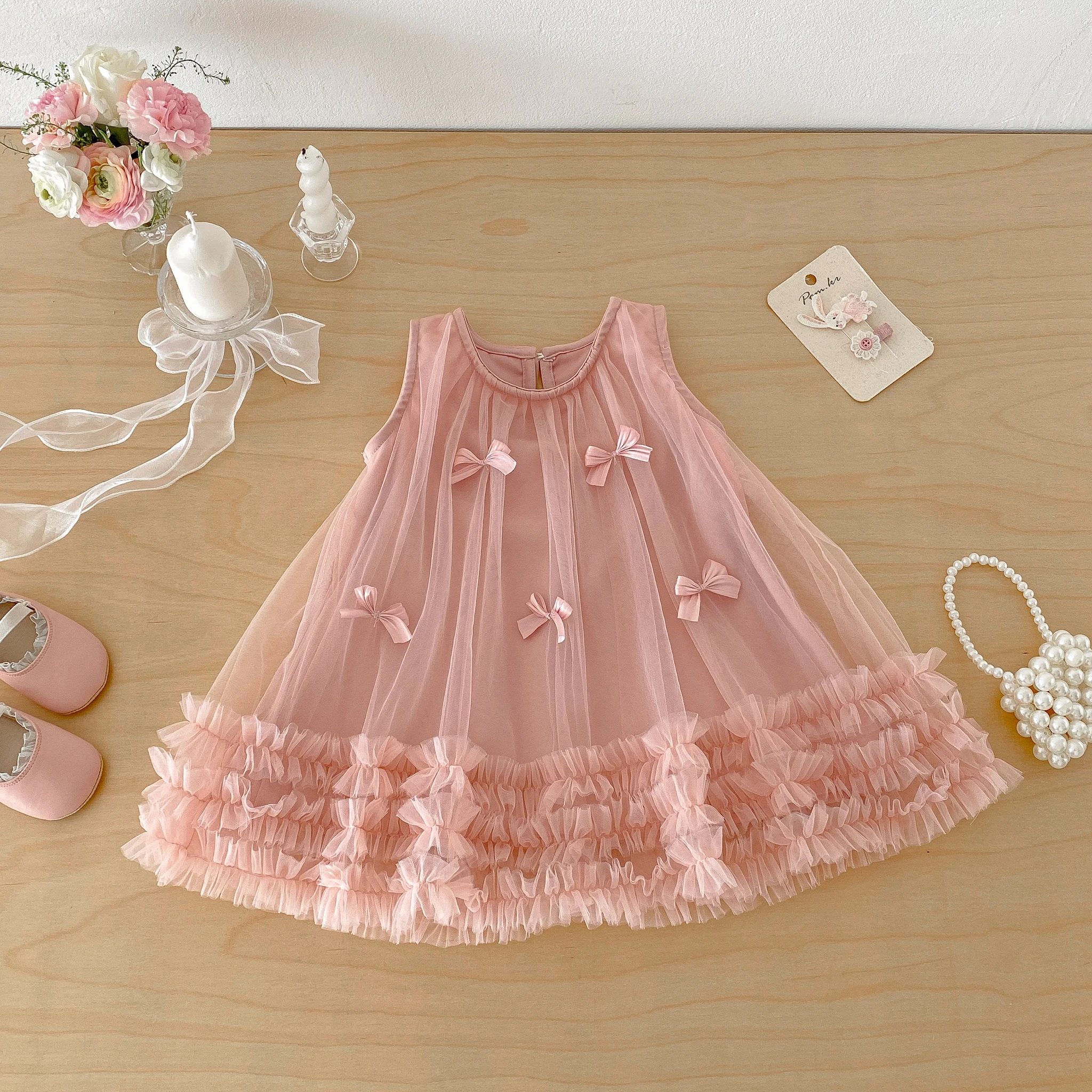 Girls' Sleeveless Bow Lace Dress 2026 Summer Dress for Babies, Sweet and Charming