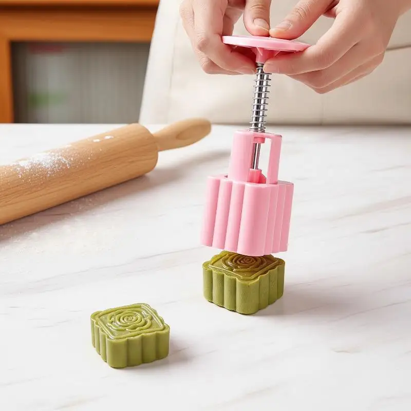 Hand Press Plastic Pastry Mold with Multi Pattern Interchangeable Stamps Easy Release for Home Baking Dessert Making