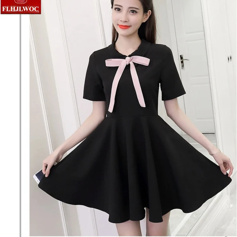 Shirt Jurken 2026 Dames Zomer Korte Mouw Leuke Zoete Meisjes Peter Pan Kraag Strikje Een Lijn Mini Kleine Zwarte Jurk 5229