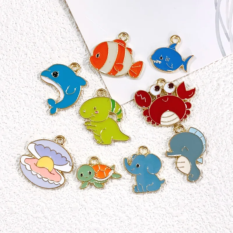 10pcs Marine Animal Allloy Enamel Charms Turtles Seahorses Shark Shell Crabs Dinosaur Pendants Diy For Earring Cute Jewelry Make