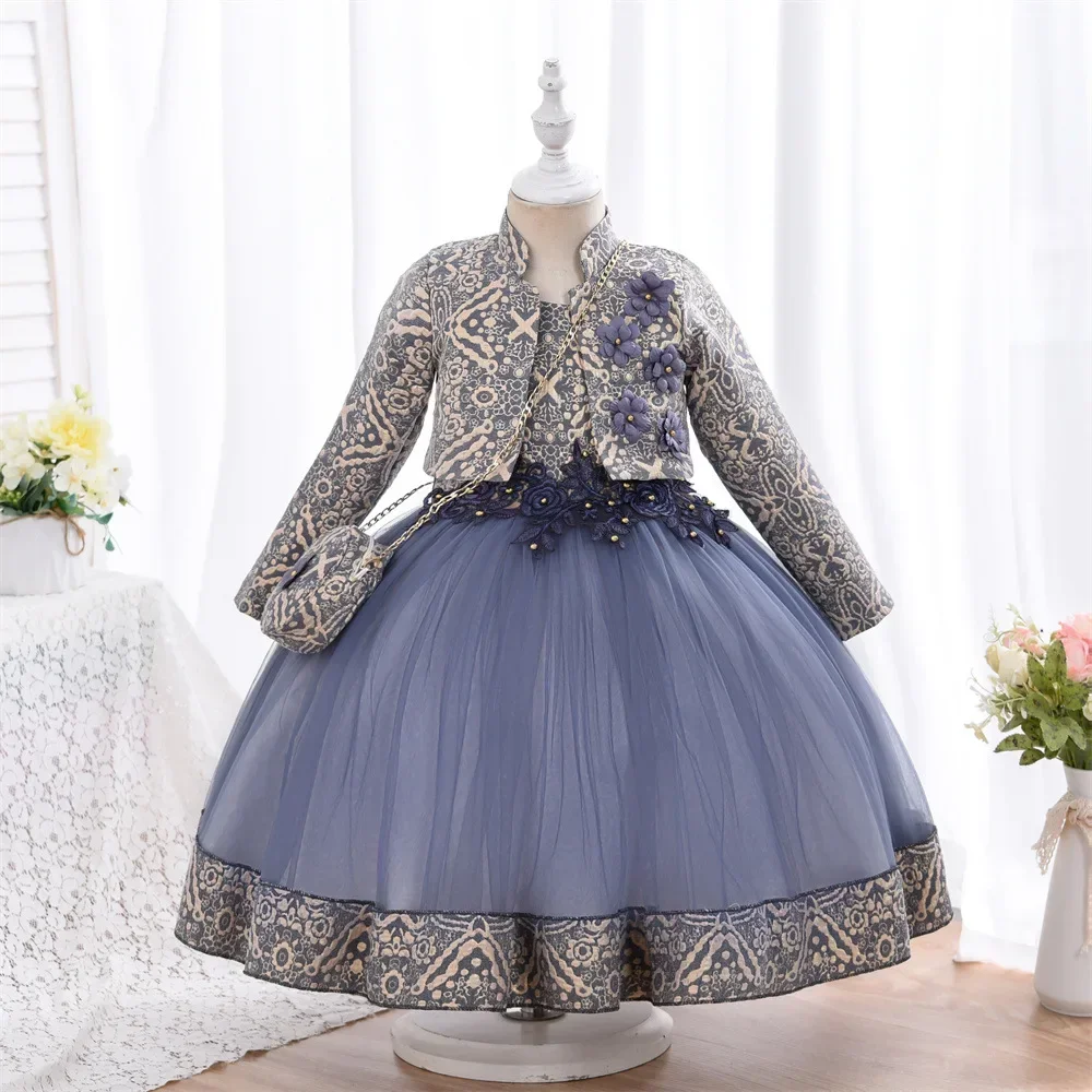 3pcs/set Puffy Dress for Girls Jacquard Pattern Tulle Patchwork Children Clothing 3D Appliques Casual Birthday Dresses