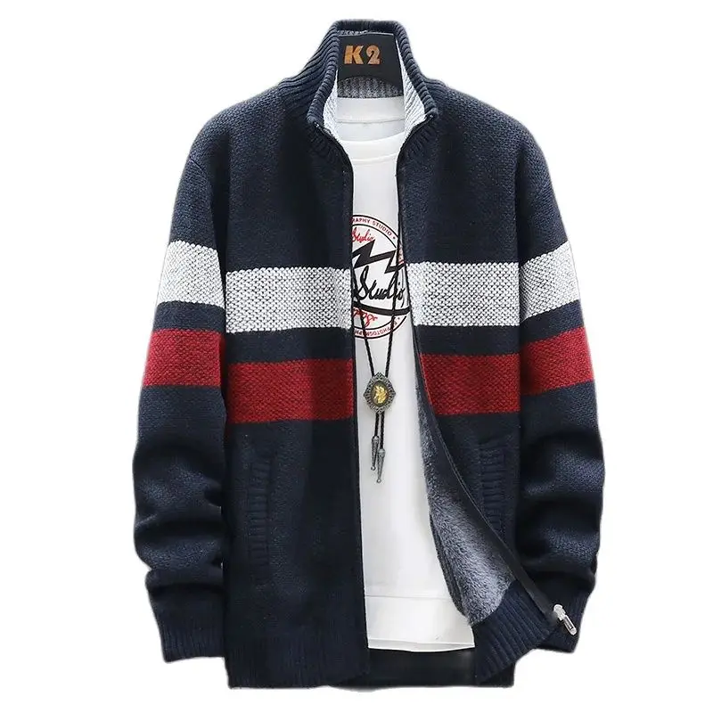 Men\'s Winter Sweater Thick Fleece Warm Korean Popular Clothes Casual Stand Collar Zipper Cardigan Fashion Striped Coat