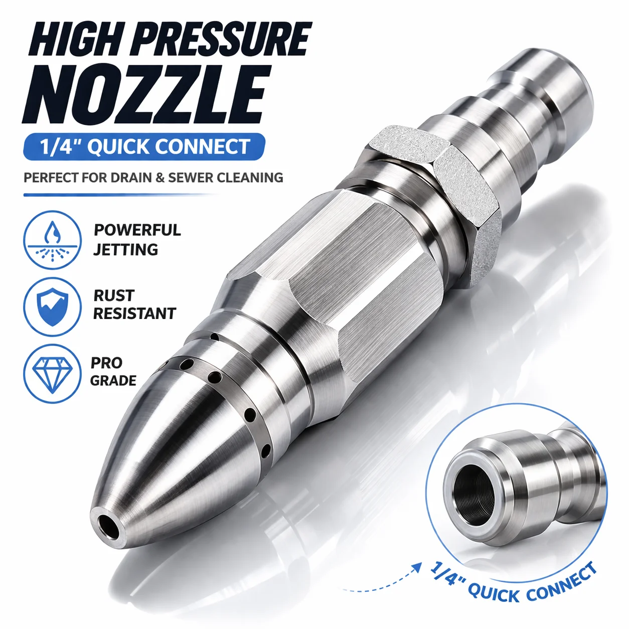 

Форсунка для водоструйного распылителя высокого давления, быстроразъемное соединение из нержавеющей стали 1/4 дюйма для мойки высокого давления, инструмент для очистки канализационных труб