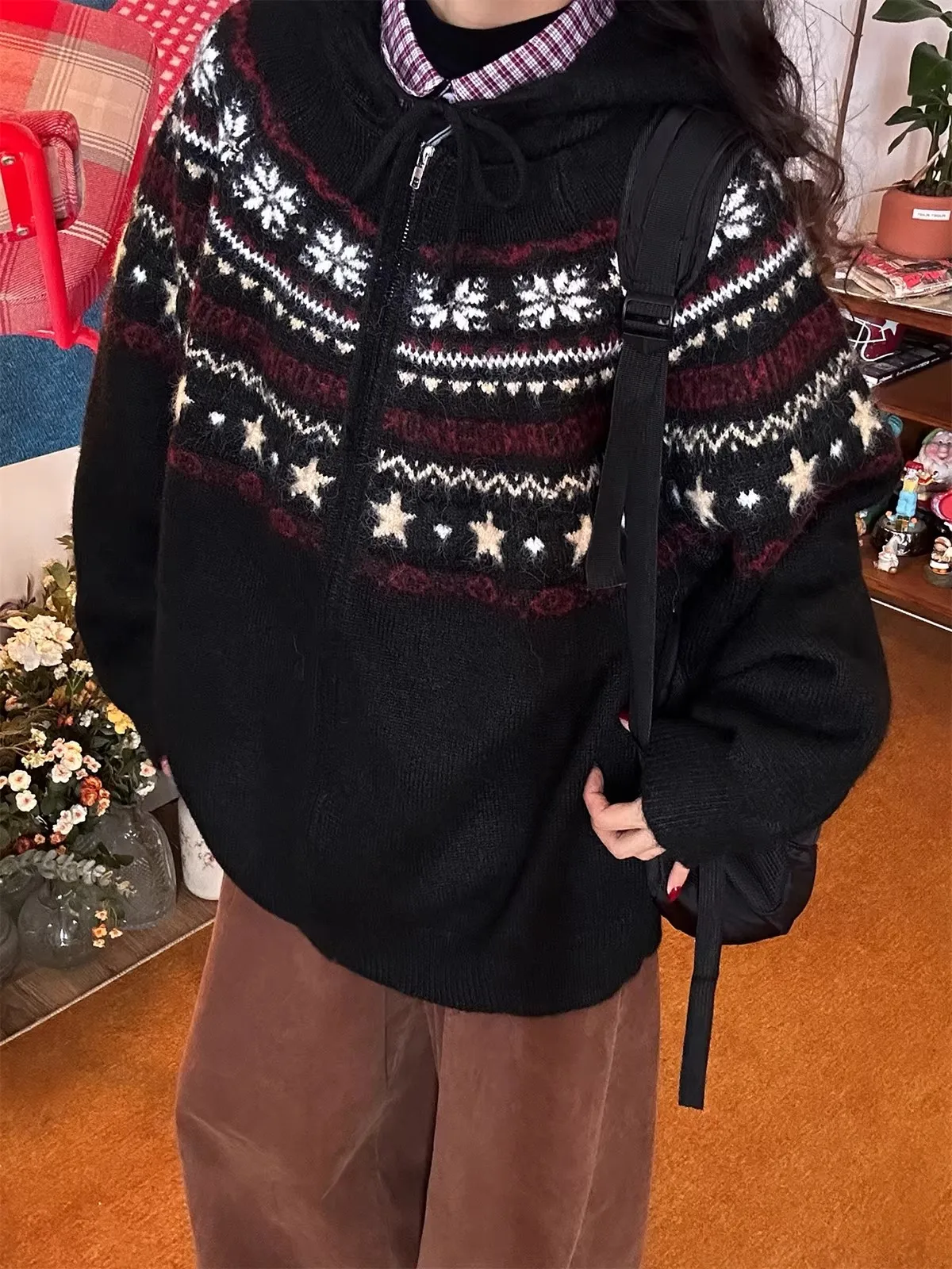 

Retro Fair Isle Knitted Zipper Hooded Cardigan Men's Warm Outerwear Winter Faionable Sweater Coat Medium Thiened Star Pat...