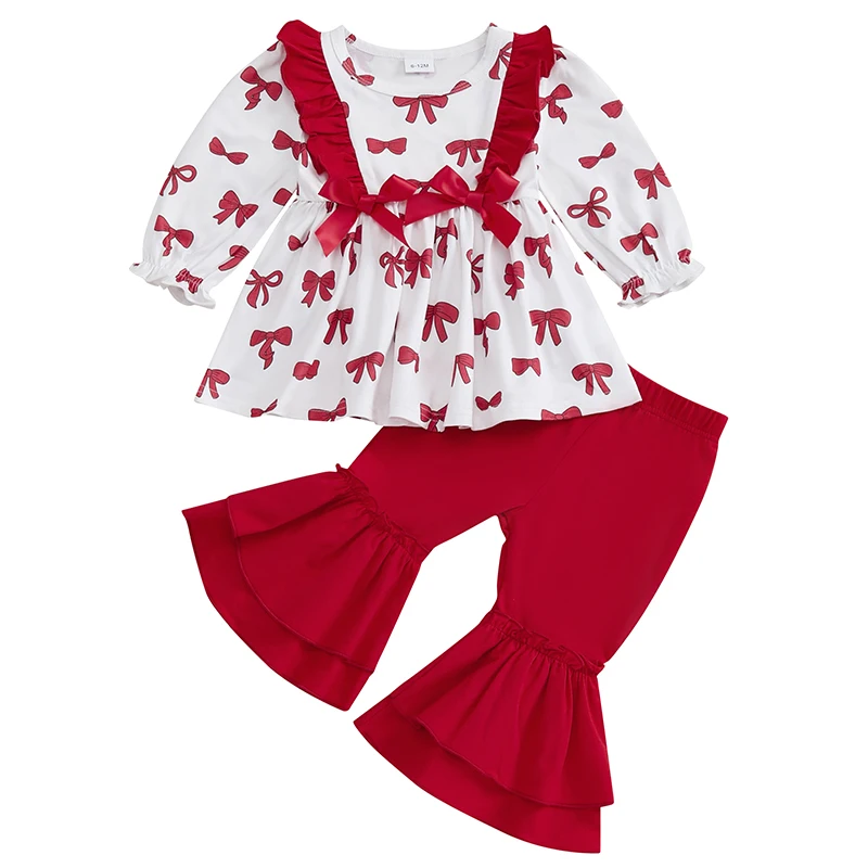 Tregren 6M-4Y Toddler Girl Valentine's Day Outfits Bow Print Crew Neck Long Sleeve Tops Ruffles Flare Pants 2Pcs Clothes Set