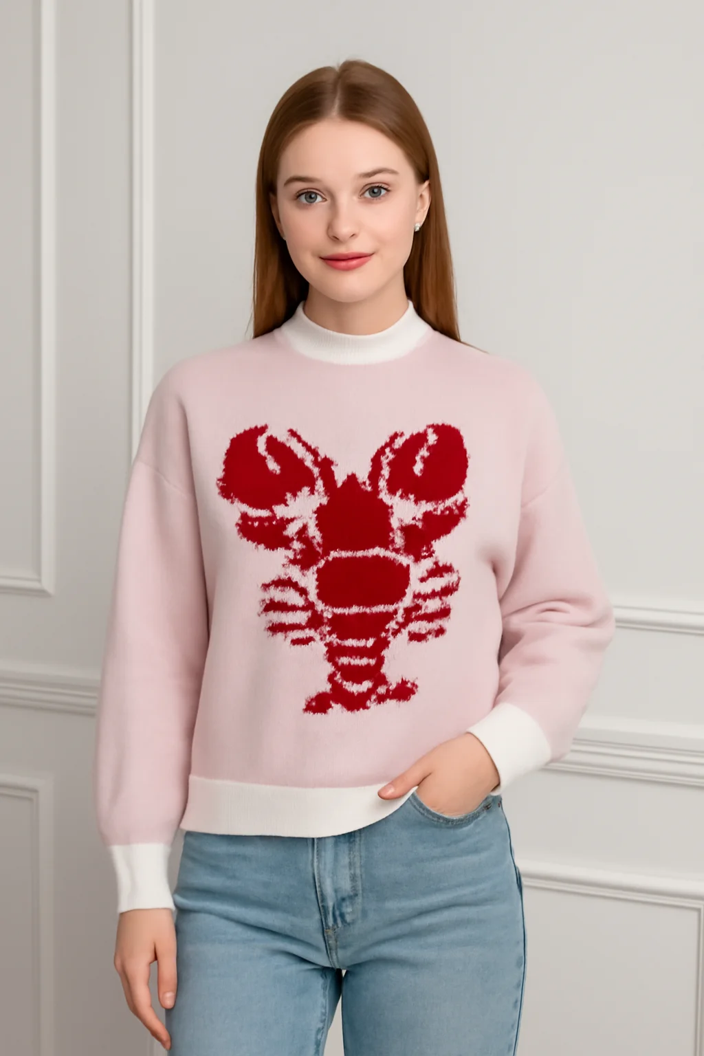 

Cute Lobster Graphic Y2K Style Fashion Sweater Knitted Pullovers Autumn Winter Long Sleeve Women Neck High Resilience Streetwear