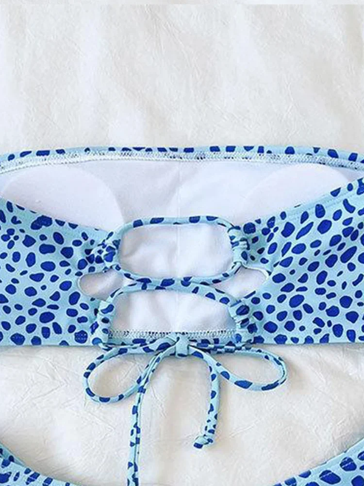 Сексуальный комплект бикини без бретелек с принтом, женский купальник со шнуровкой и разрезом, пляжные бикини с высокой талией, новинка 2025 года, летний купальник, комплект бикини