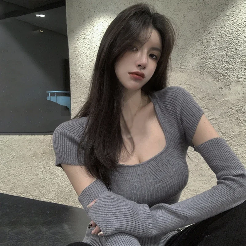 

Women's Sexy Square Collar Long Sleeve Hollow Out Knitted Sweater Solid Color Slimming Soft Casual Versatile Pullover Tops