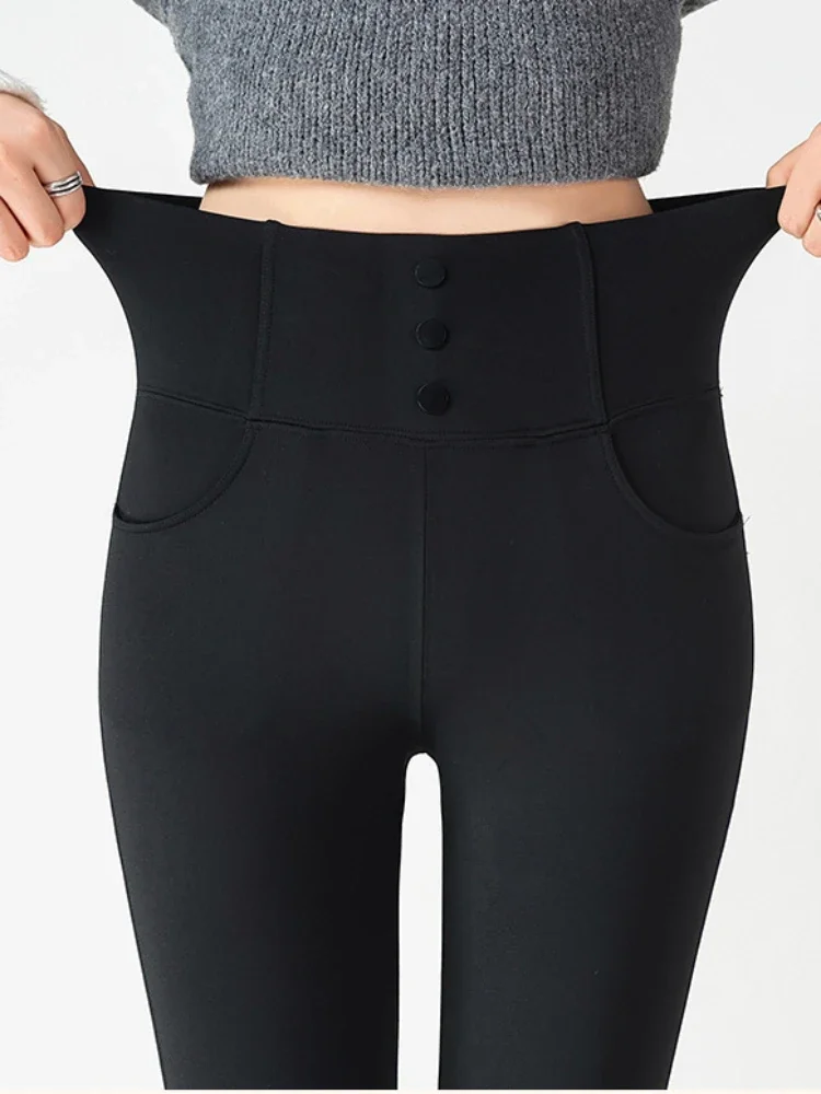 Leggings tascabili neri per abbigliamento donna velluto termico autunno stretto in pile a vita alta pantaloni a matita Leggins invernali Sexy da donna