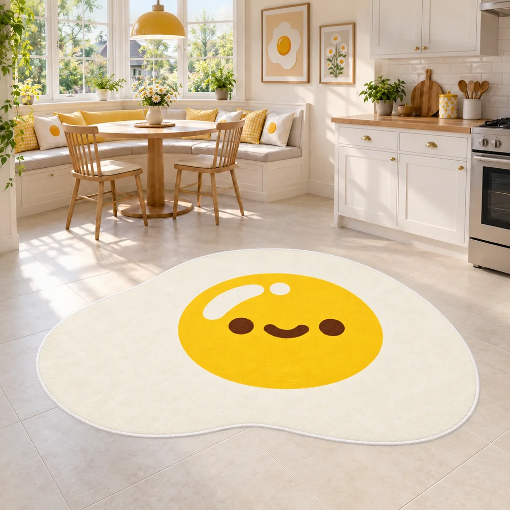 Smiling Fried Egg Shaped Flannel Area Rug Food Print Floor Mat for Kitchen Dining Room Entryway Bedroom Fun Modern Home Decor