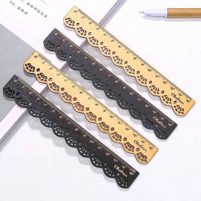 1 Pcs 15cm lace ruler wave small fresh cute sweet lace wooden ruler retro lace carving log ruler student stationery