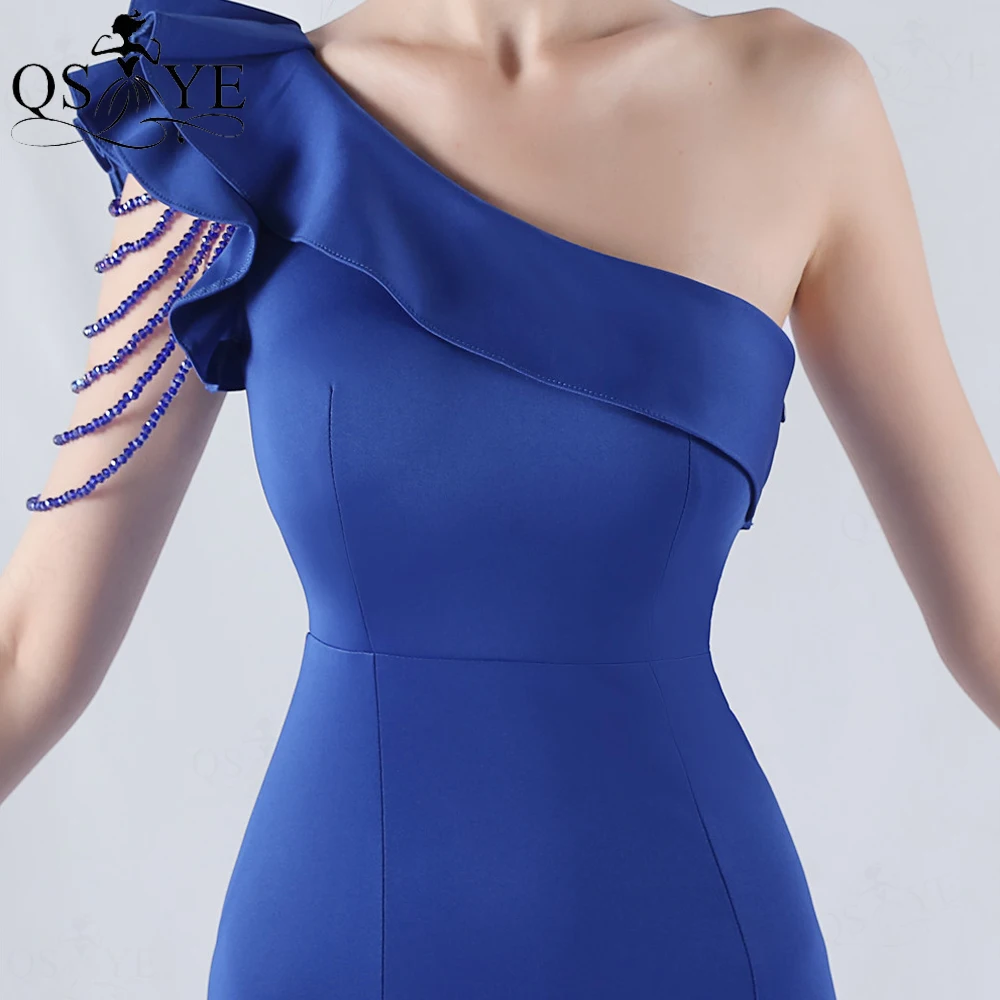 Beading Royal Blue Evening Dress Slit Ruched One Shoulder Prom Gown Strings Stretchable Satin Fitted Elegant Woman Formal Dress