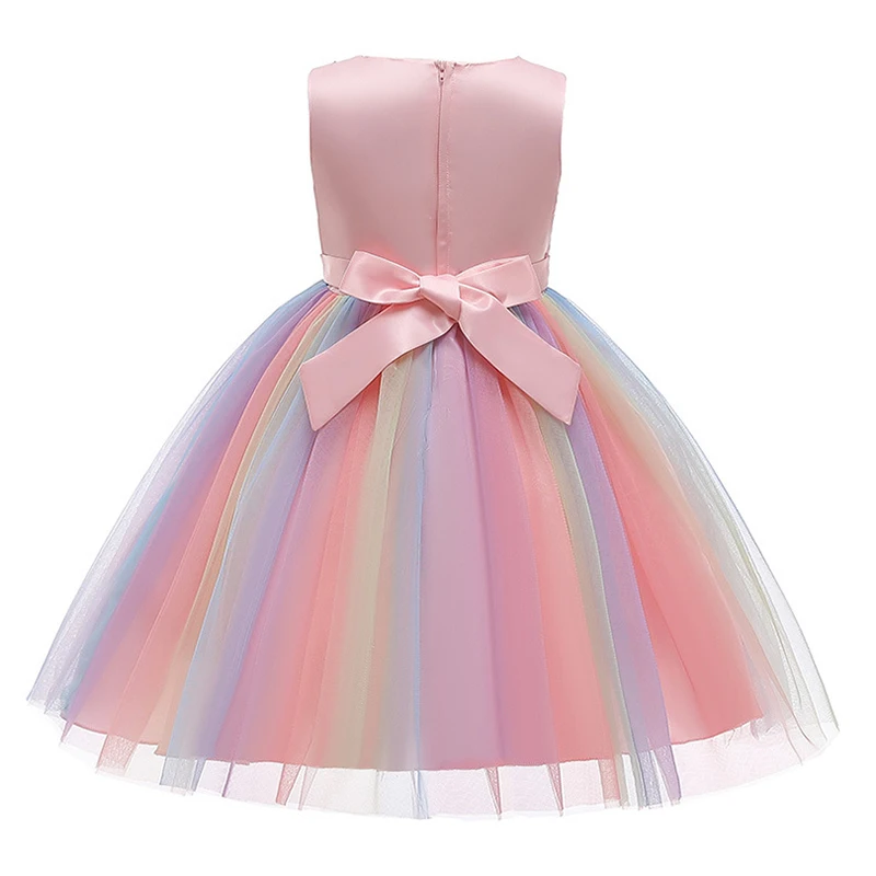 2024 Sequins Girls Dress Summer Flower Fashion Rainbow Mesh Little Princess Dresses For Piano Performance Costume Kids Clothes