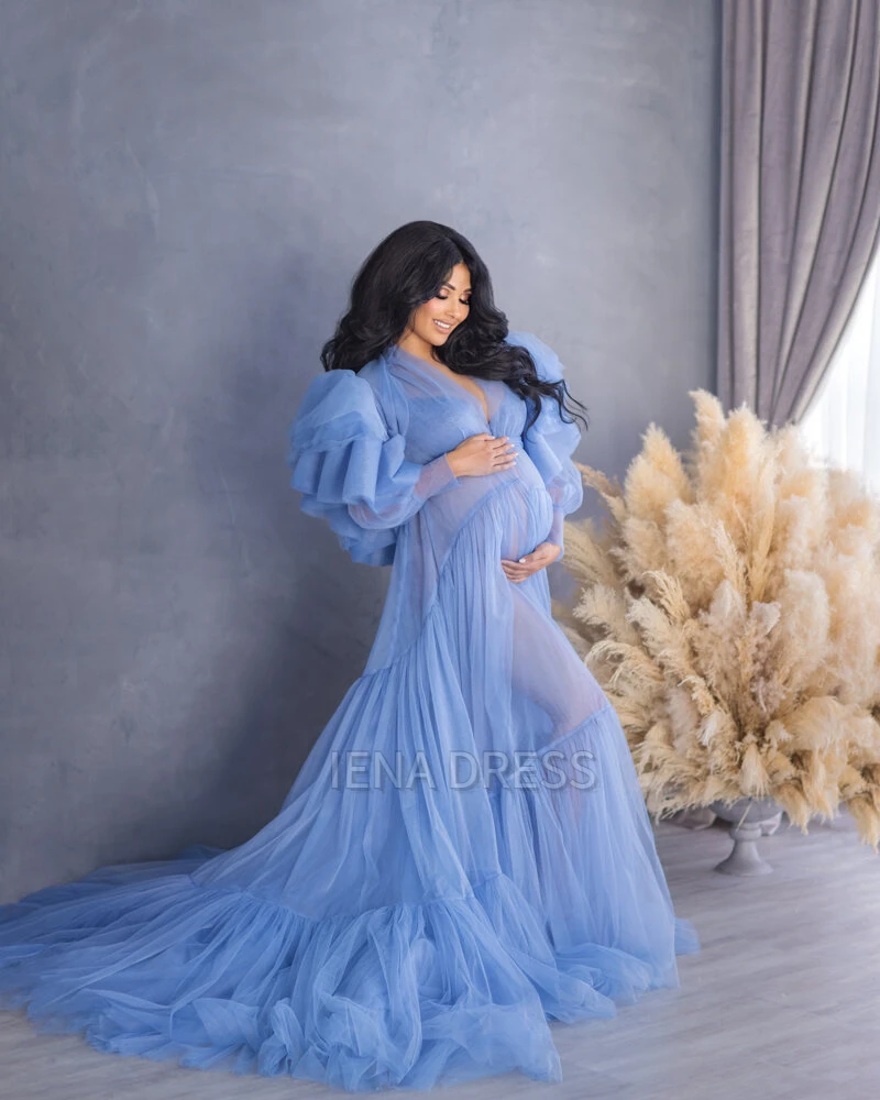 custom custom Blue V-neck Maternity Shoot Dress Ruffled Sleeves Transparent Baby Shower Dresses Pregnancy Photography Gown