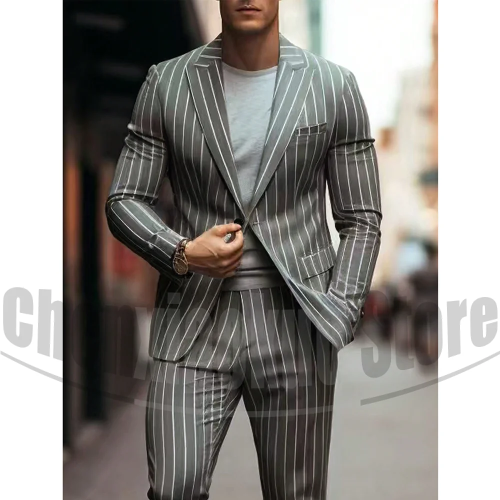 

Мужской приталенный полосатый костюм, однобортный деловой пиджак и брюки, комплект из современного индивидуального дизайна, мужской костюм из 2 предметов