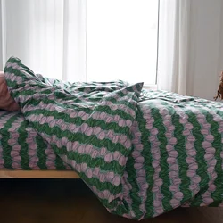 100% Cotton Bedding Set Green Pink Tulip Printed Spring Student Dormitory Duvet Cover Sheet Pillow Case Ins Popular Fitted Sheet