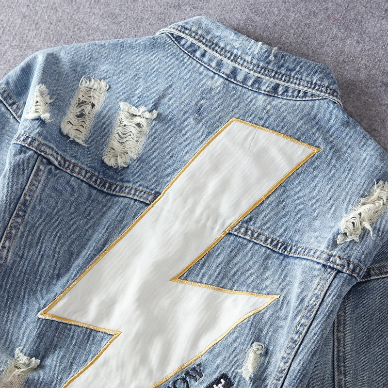 Veste en jean déchirée brodée bleu rétro pour hommes, manteau de mode de rue, trou de créateur patché Flash, Hip Hop, zones bre