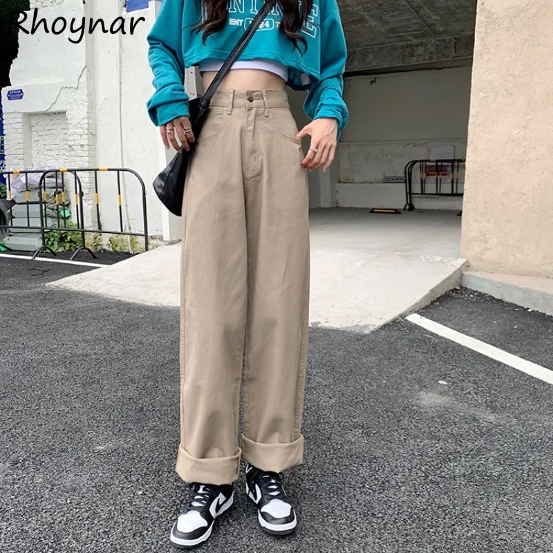 

Khaki Wide Leg Jeans Women Autumn Students Leisure Simple Daily All-match Slim Baggy Retro Streetwear High Waist Chic Ulzzang