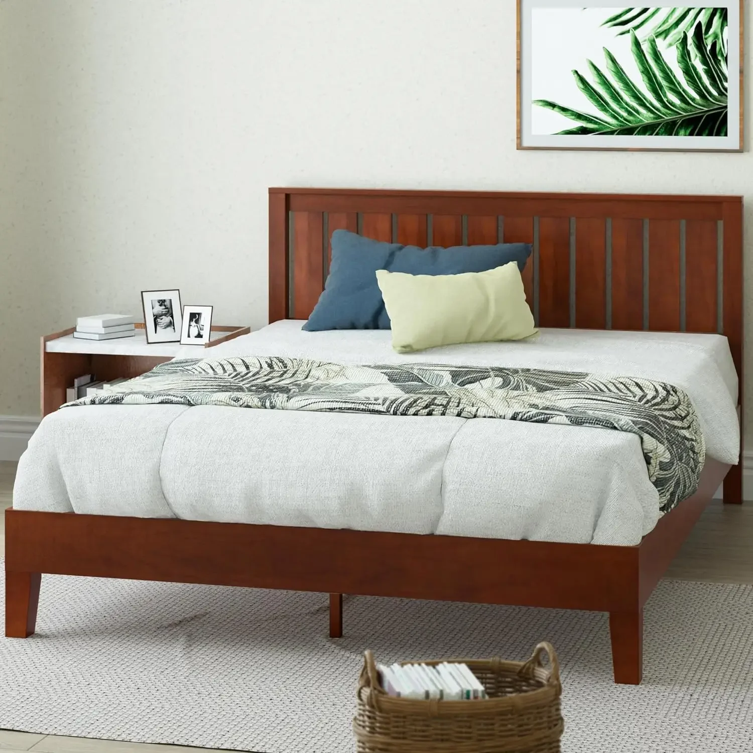 Deluxe Wood Platform Bed Frame with Headboard / Wooden Slat Support / No Box Spring Needed / Easy Assembly, Queen