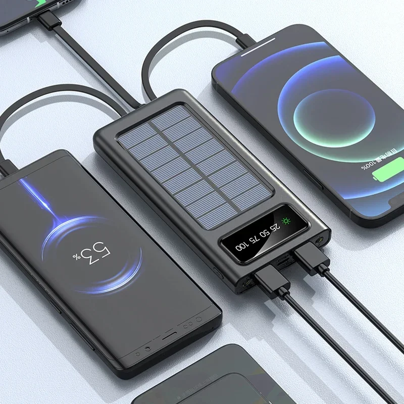 For IPhone New 20000 MAh Super Solar Waterproof Power Bank Built Cable Solar Charger Port External Charger Power Bank