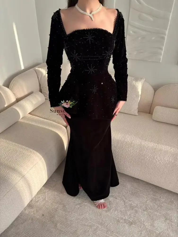 Customized Elegant Square Neck Evening Peplum Gown with Beaded Details Formal Party Prom Wedding Guest Outfit with Long Sleeve