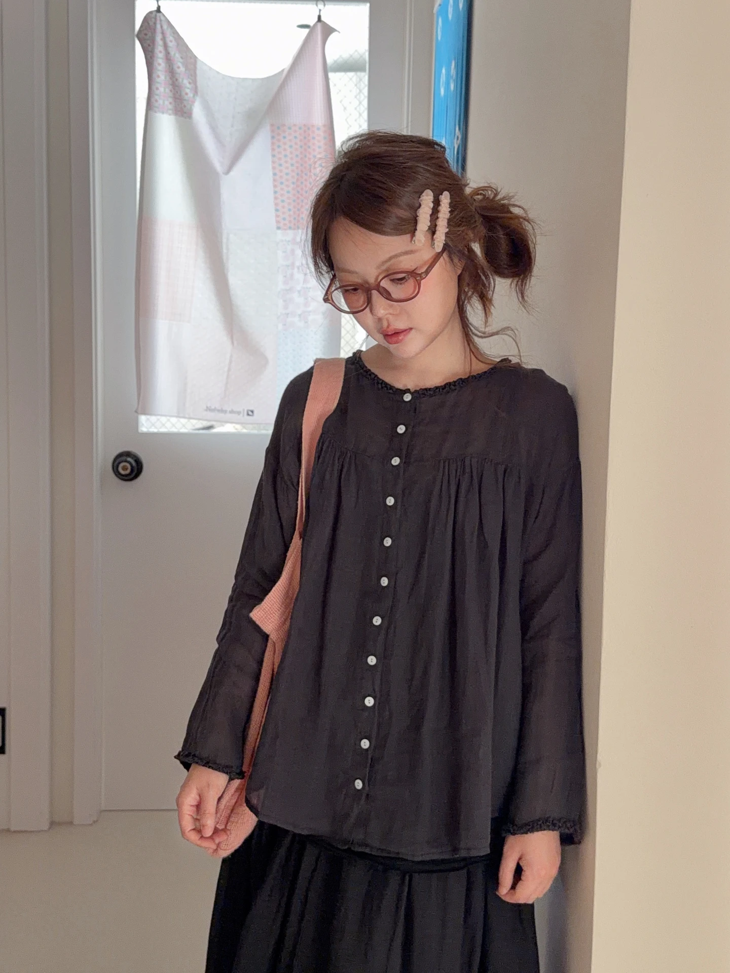

Black Handmade Lace Hanfu Shirt Set Slimming Layering Japanese Style Loose Fit Long Sleeve round Neck Women's Summer Shirt