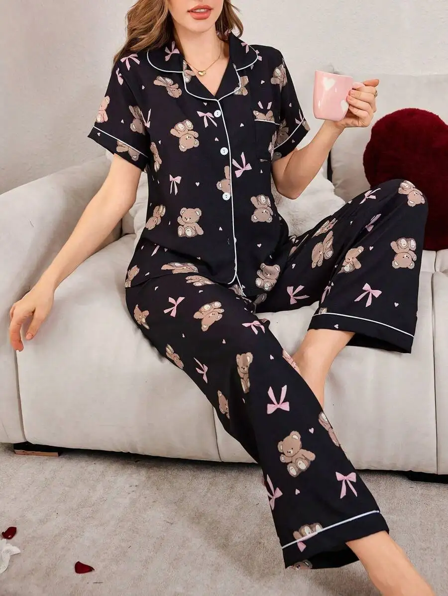 

Black Short Sleeve Pajama Set with Bear and Bow Print, Button Front
