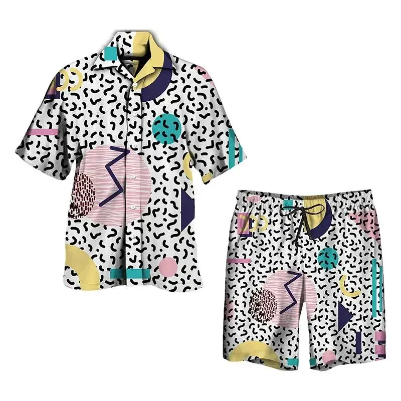 Street Men's Hawaiian Shirt Set Colorful Geometric Pattern Lapel Button Shirt And Beach Shorts Set Retro Casual Two-piece Set