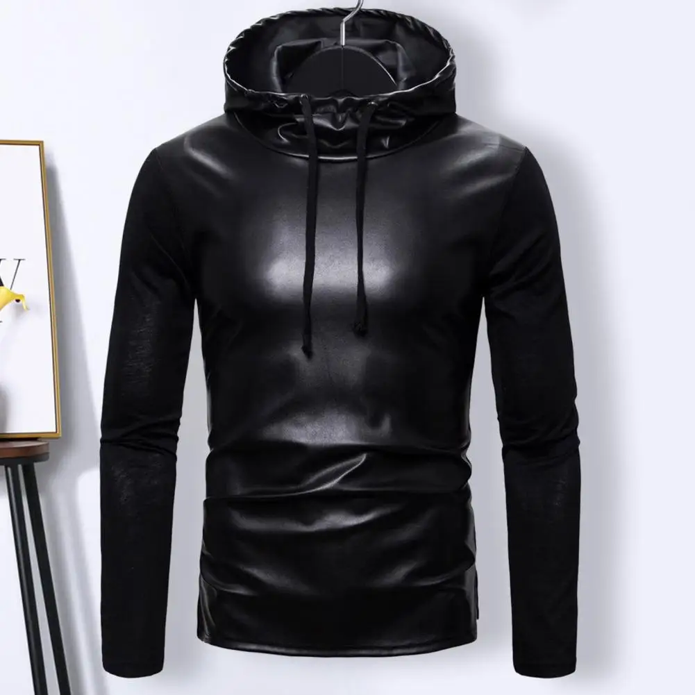 Men Faux Leather Hoodie Club Top Drawstring Motorcycle Jacket Men Slim Fit Leather Mens Sweatshirts Hip Hop Streetwear T-shirt