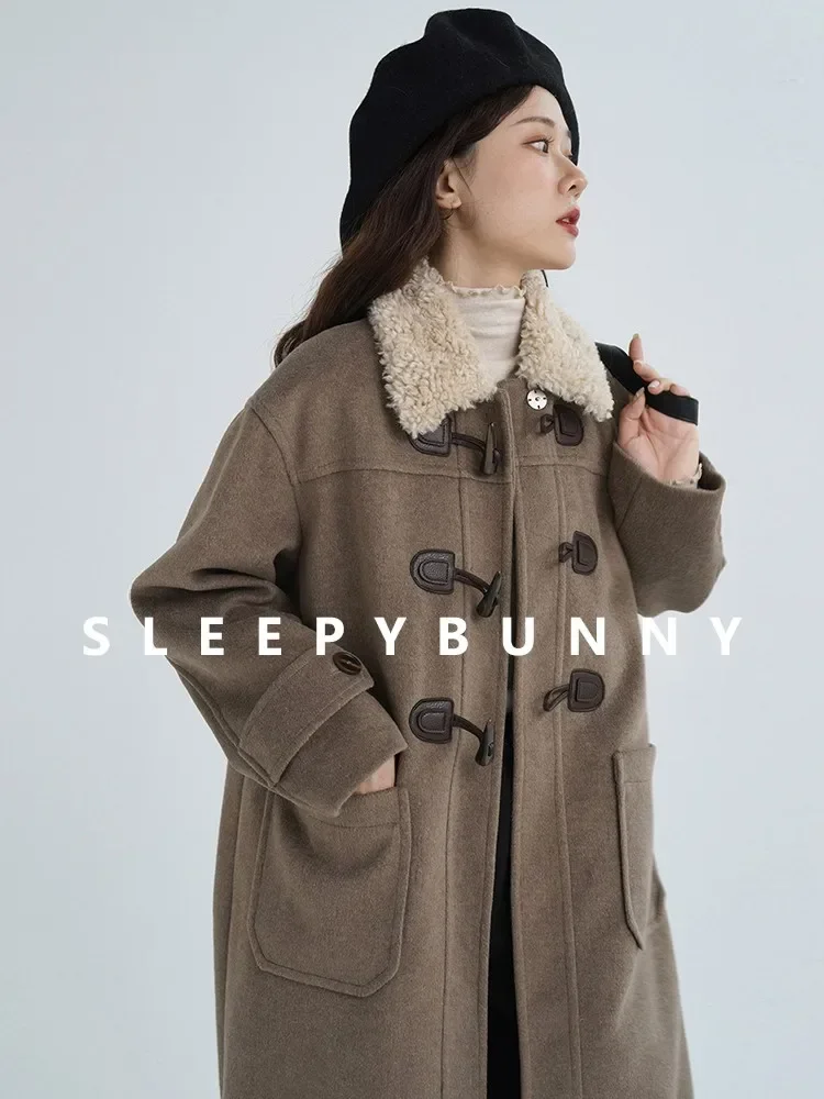 Vintage Wool-Like Horn Coat with Lamb Wool Collar Stylish Cozy Women Wool-Like Overcoat Warm Elegant Outerwear for Fall Winter