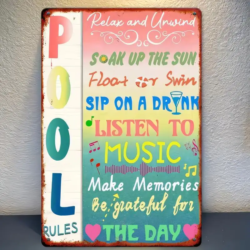 Vintage Metal Pool Rules Wall Art, Colorful Retro Design (Relax/Sun/Music), Iron Sign for Poolside/Patio/Home, Summer Decor