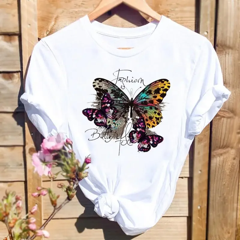 Camiseta con estampado de mariposa para mujer, ropa de manga corta con dibujos animados, tendencia de los años 90