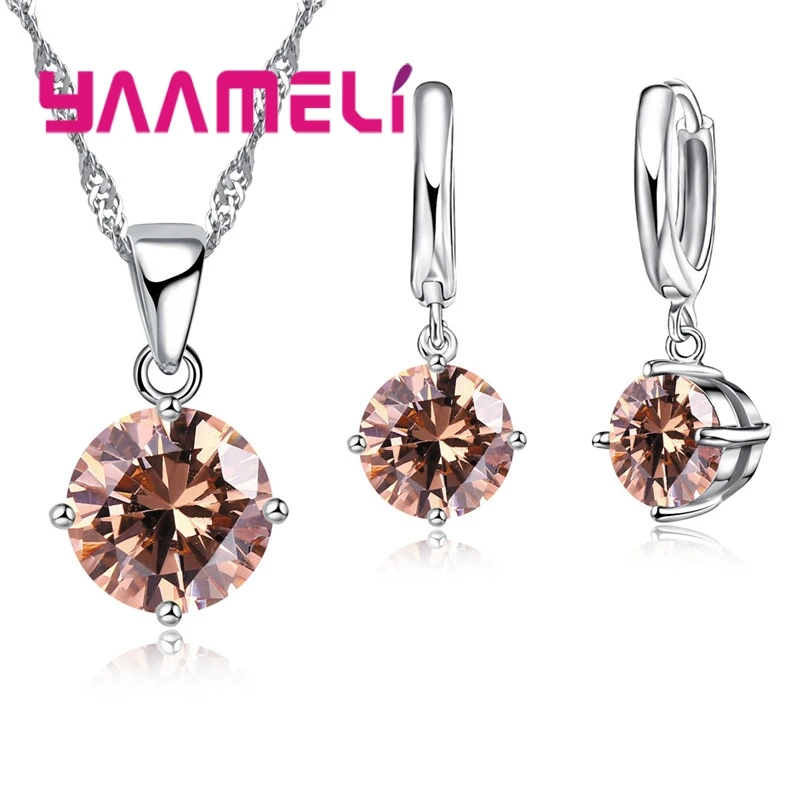 Cost Sales!! Nice 925 Sterling Silver Women Jewelry Set Austrian Crystal Round CZ Crystal  Pendant Necklace Earrings